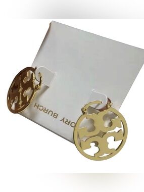 Tory Burch Gold Round Logo Cutout Hoop Earrings